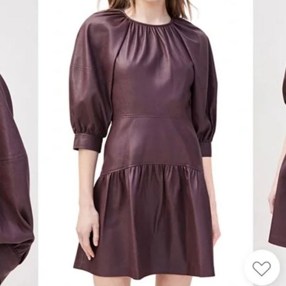 Rebecca Taylor Vegan Leather Dress S 4 Burgundy Ruched Puff Sleeves Fit & Flare